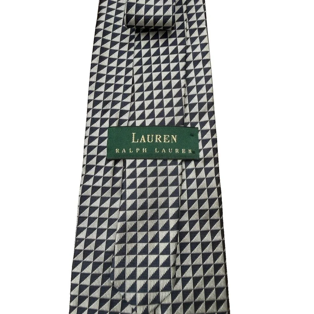 Lauren Ralph Lauren Blue Silver Geometric Print Hand Finished Silk Tie